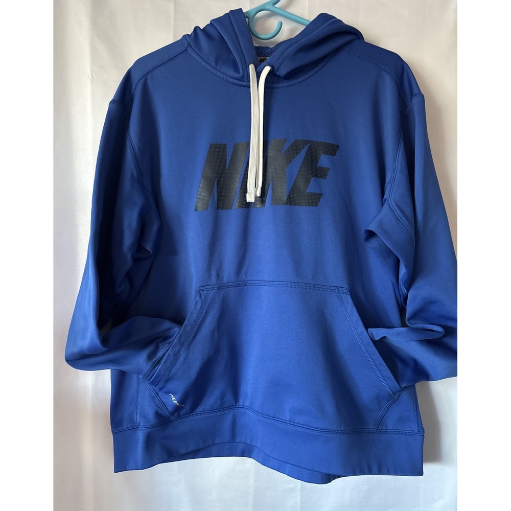 Nike‎ Men Hoodie L Blue Fleece Therma-Fit Activewear Logo Drawstring Long Sleeve